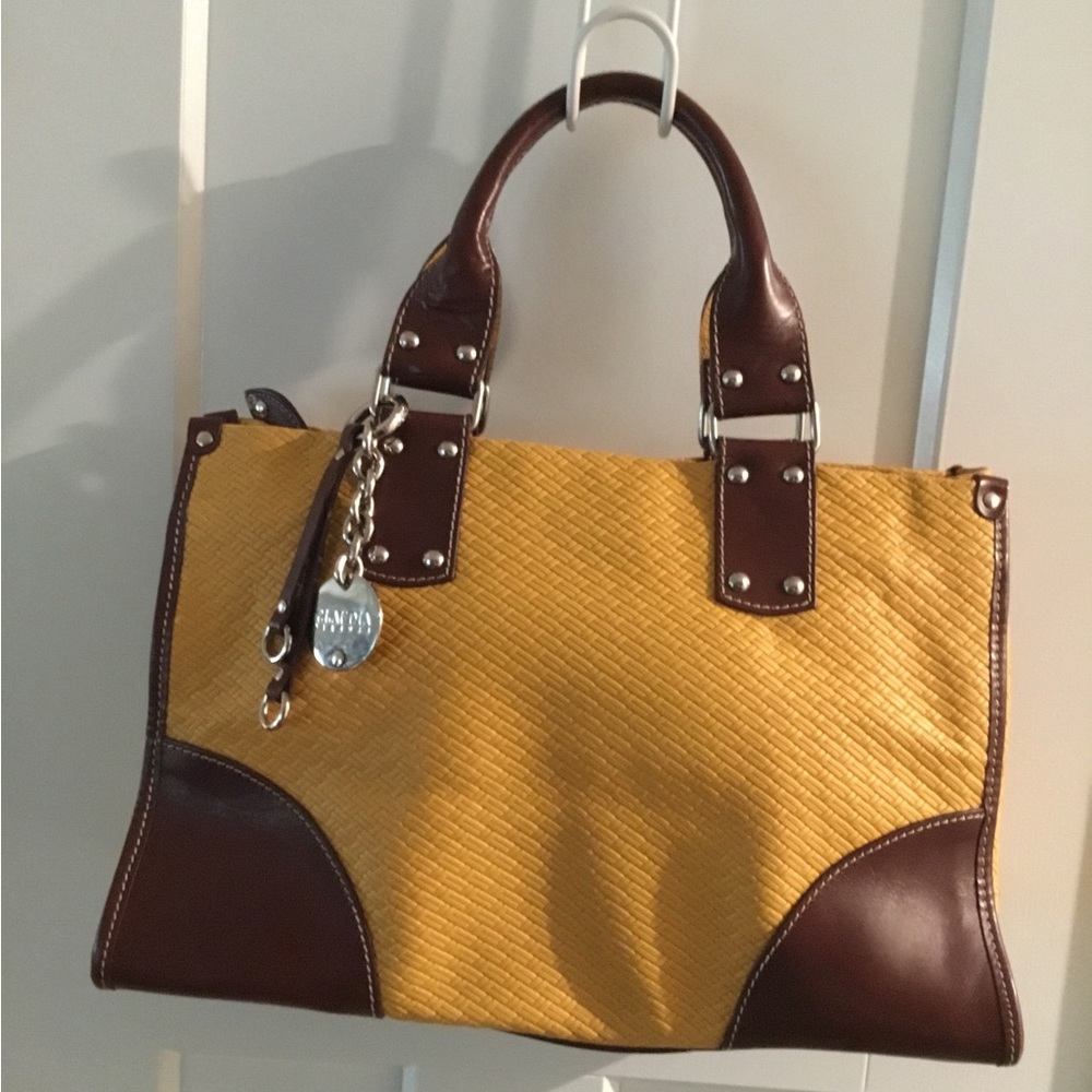 Yellow and Brown Structured Tote Bag with Chain Charm